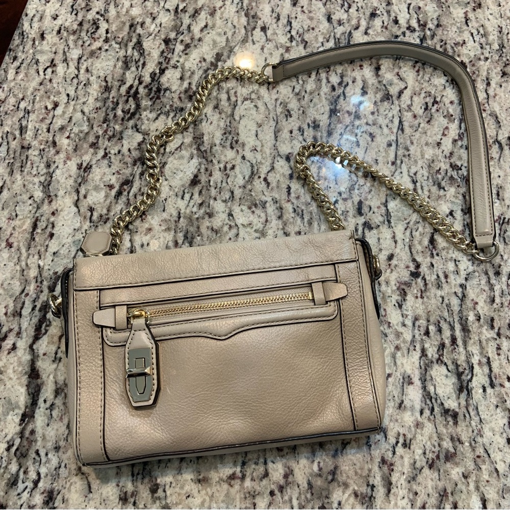 Rebecca Minkoff Crossbody Purse  Taupe with Gold Crossbody Strap.